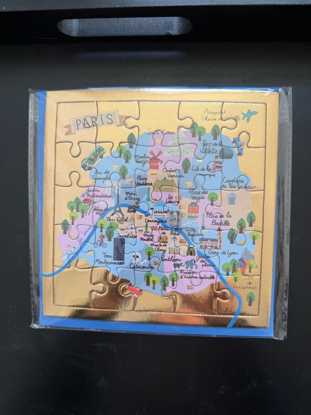 Paris Map Wooden Puzzle and greeting card - Gold and Blue